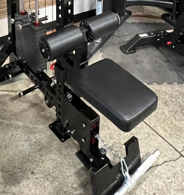 Black Warrior Lat Pulldown and Low-Row home gym system with padded seat, dual cylindrical weight stacks, and adjustable arm b