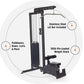 Black metal lat pulldown machine with stainless steel lat bar, 310lb pin-loaded weight stack, and seated bench on white backg