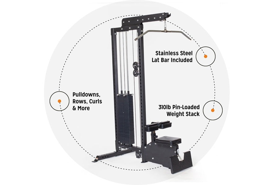 Black metal lat pulldown machine with stainless steel lat bar, 310lb pin-loaded weight stack, and seated bench on white backg