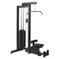 Black cable machine with lat pulldown and low-row attachment, featuring weight stack and adjustable handles on white backgrou