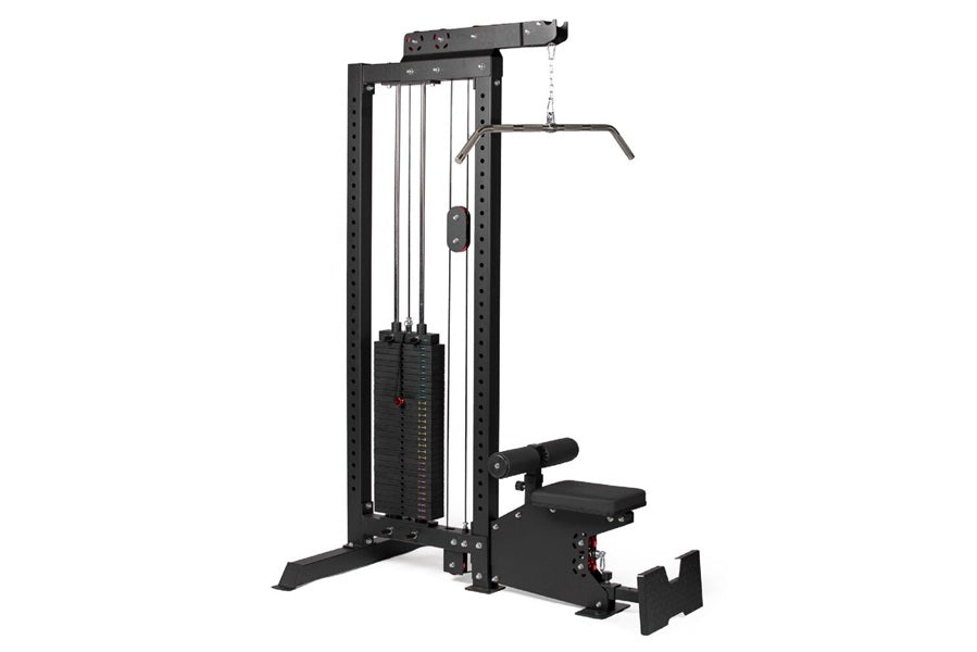 Black cable machine with lat pulldown and low-row attachment, featuring weight stack and adjustable handles on white backgrou