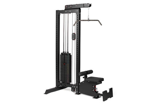 Black cable machine with lat pulldown and low-row attachment, featuring weight stack and adjustable handles on white backgrou