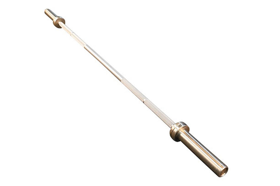 Warrior Space-Saver chrome barbell bar with brass collars and knurled grip, 5ft length on white background