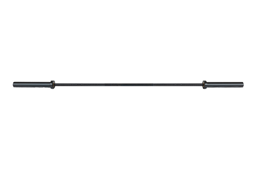 Black Olympic barbell with 8-bearing sleeves and cerakote finish on white background