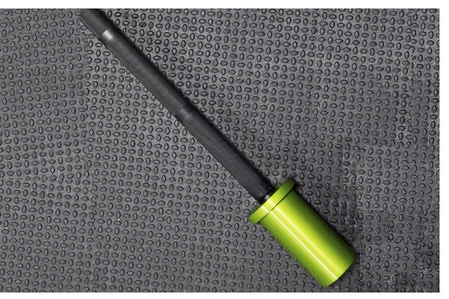 Warrior Mini Olympic Barbell with neon yellow collar and black shaft on textured gray background, flat lay view