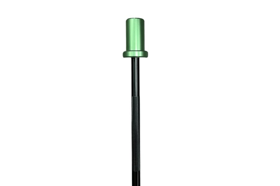 Warrior Mini Olympic Barbell with green metallic collar and black shaft on white background