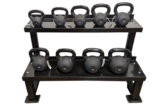 Two-tier black kettlebell rack holding nine neoprene-coated kettlebells labeled 15 to 50 pounds, on white background