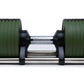 Adjustable dumbbell with green weight plates and chrome bar on black base, shown on white background