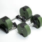 Pair of sage green and black adjustable dumbbells with metal handles on white background, flat lay view