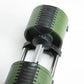 Pair of green and black adjustable dumbbells with metal handle and weight adjustment mechanism, overhead view on white backgr