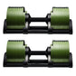 Pair of green and black adjustable dumbbells with ribbed weight plates and black handles, shown from front view on white back