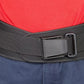 Black nylon weightlifting belt with metal buckle closure, worn over red shirt and navy pants on model