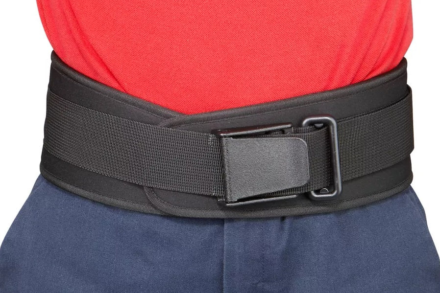 Black nylon weightlifting belt with metal buckle closure, worn over red shirt and navy pants on model