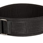 Black nylon weightlifting belt with metal D-ring buckle closure, flat lay on white background