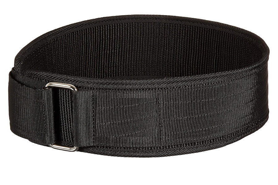 Black nylon weightlifting belt with metal D-ring buckle closure, flat lay on white background
