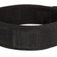 Black nylon weightlifting belt with padded support and velcro closure, displayed flat on white background