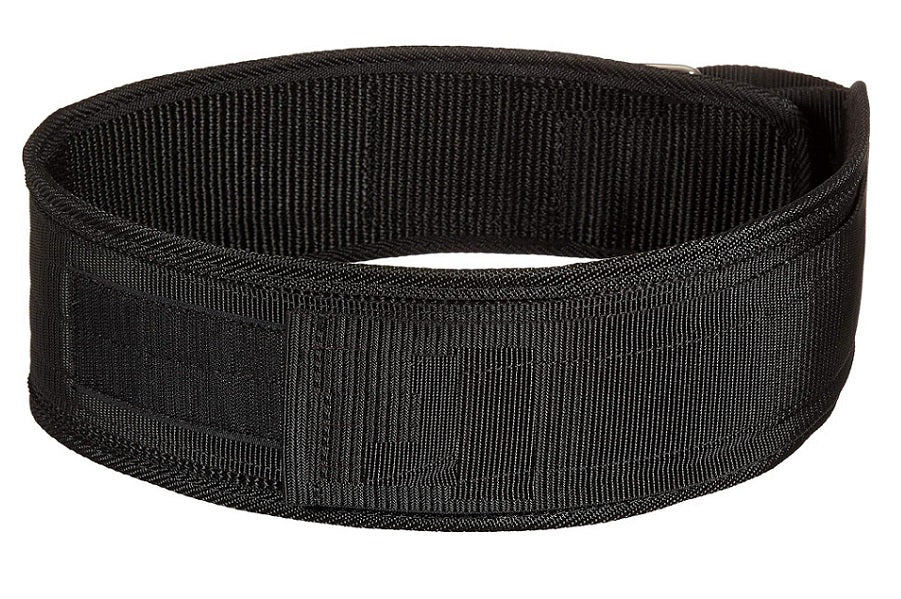 Black nylon weightlifting belt with padded support and velcro closure, displayed flat on white background