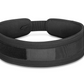 Black nylon weightlifting belt with padded back support and hook-and-loop closure, flat lay on white background