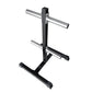 Warrior Olympic Weight Plate Tree with black steel frame and two chrome horizontal bars for storing weight plates, on white b
