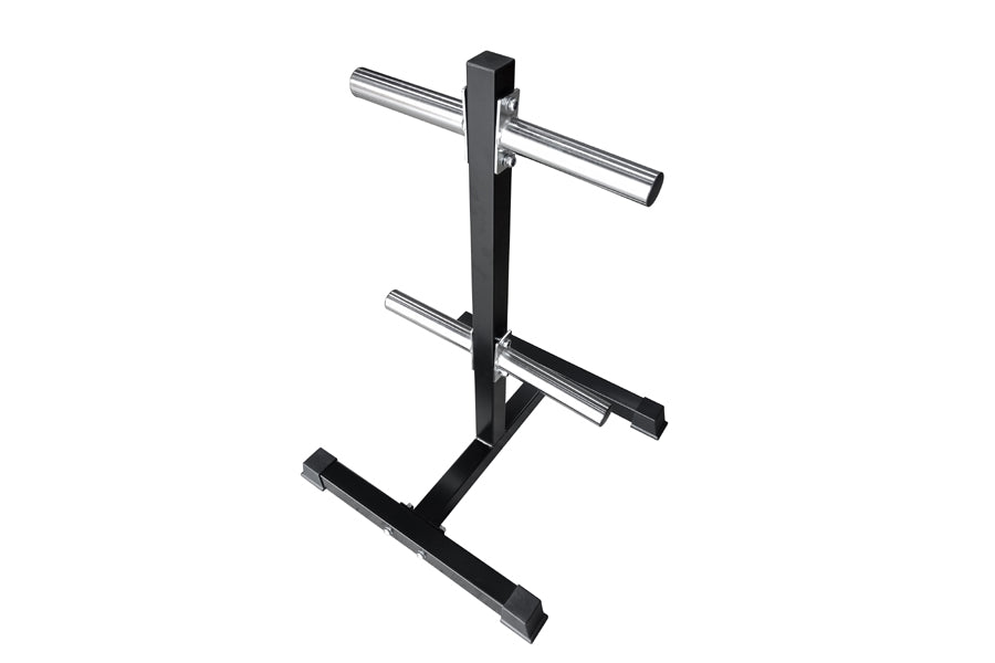 Warrior Olympic Weight Plate Tree with black steel frame and two chrome horizontal bars for storing weight plates, on white b