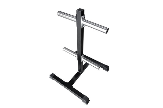Warrior Olympic Weight Plate Tree with black steel frame and two chrome horizontal bars for storing weight plates, on white b