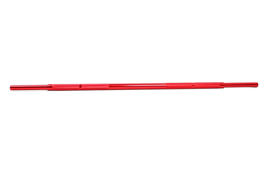 Red aluminum training barbell with tapered ends, 15lb capacity, on white background