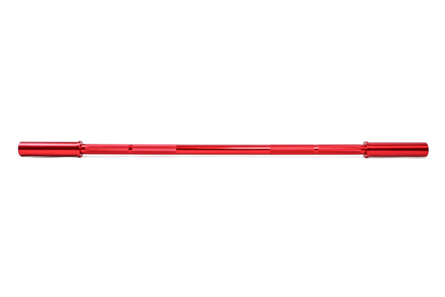 Red aluminum training barbell with threaded sleeves on white background, weighs 15 pounds