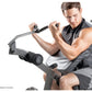 Man seated on gray and black multi-function weight bench with adjustable barbell attachment, demonstrating exercise position 