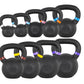 Set of nine black powder-coated kettlebells with colored weight bands in increments from 4kg to 24kg, displayed on white back