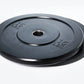Black rubber Olympic bumper plate with weight markings, displayed on white background
