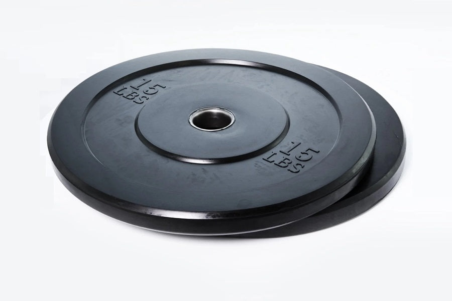 Black rubber Olympic bumper plate with weight markings, displayed on white background