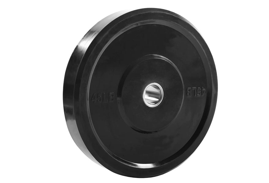 Black Olympic bumper plate with chrome center ring and weight markings, isolated on white background
