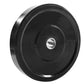 Black rubber bumper plate with stainless steel center collar and embossed weight markings on white background
