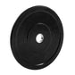 Black rubber Olympic bumper plate with weight markings, chrome center hole, on white background