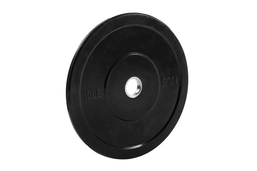 Black rubber Olympic bumper plate with weight markings, chrome center hole, on white background