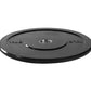 Black rubber Olympic bumper plate with weight markings and chrome center collar on white background