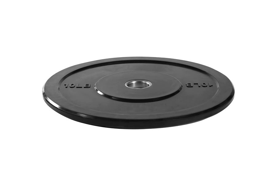 Black rubber bumper plate with chrome center ring and weight markings, angled view on white background