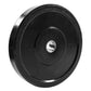 Black rubber Olympic bumper plate with 35 LB weight marking and chrome center collar on white background
