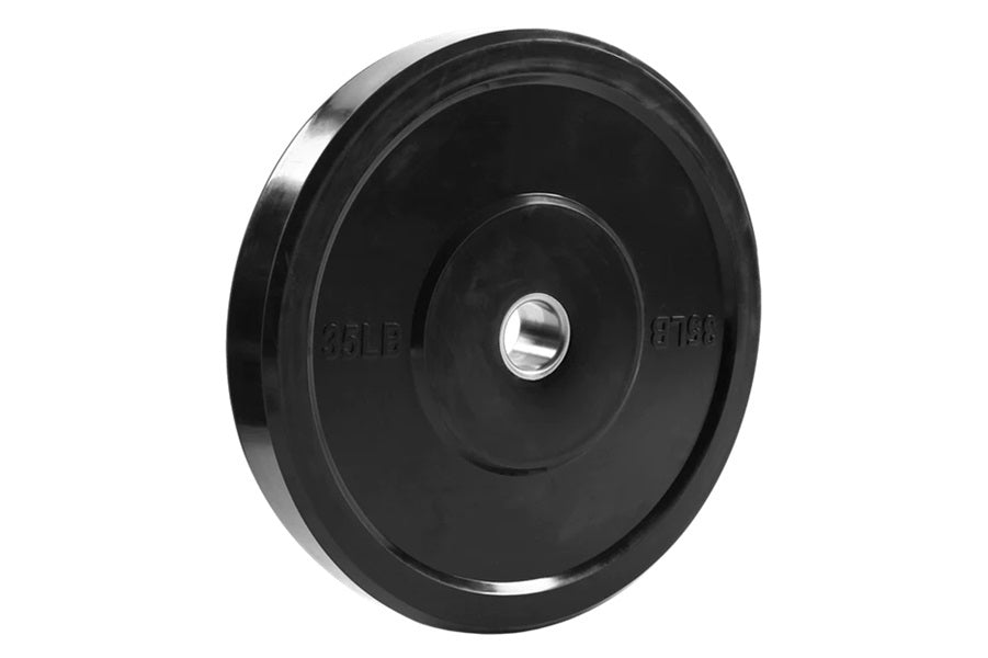 Black rubber bumper plate with chrome center ring and silver hub, marked 35 LB, on white background