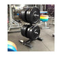 Warrior Premium Olympic Bumper Plates black rubber weight plates on stand in gym setting