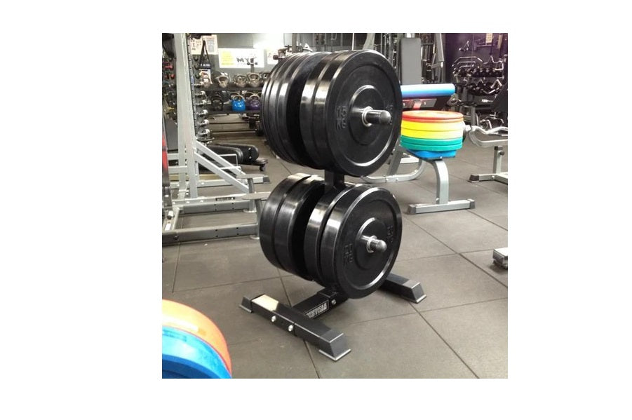 Pair of black rubber bumper plates loaded on metal weight rack in gym setting