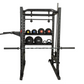 Black power rack with adjustable shelving holding colored medicine balls and kettlebells, includes pull-up bar and weight pla