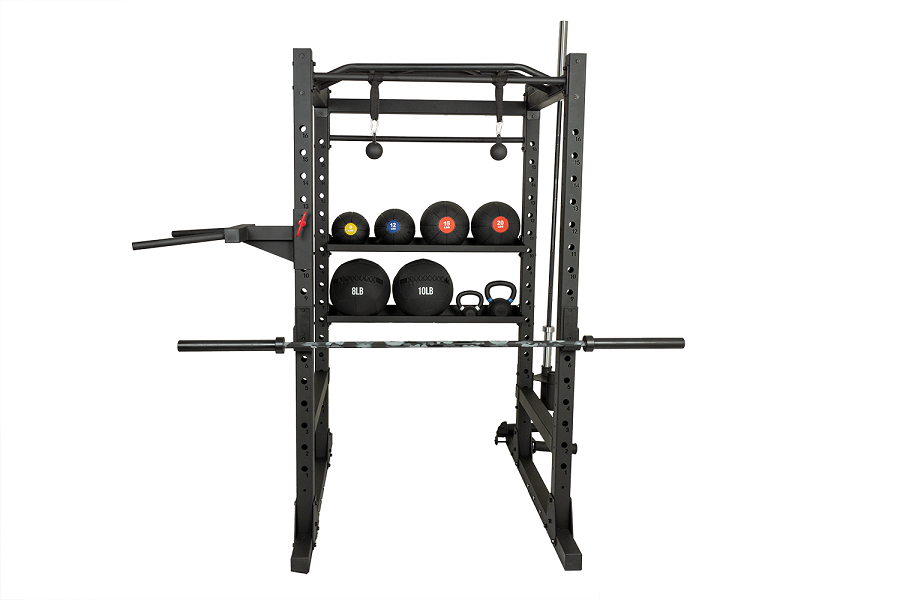 Black power rack with adjustable shelving holding colored medicine balls and kettlebells, includes pull-up bar and weight pla