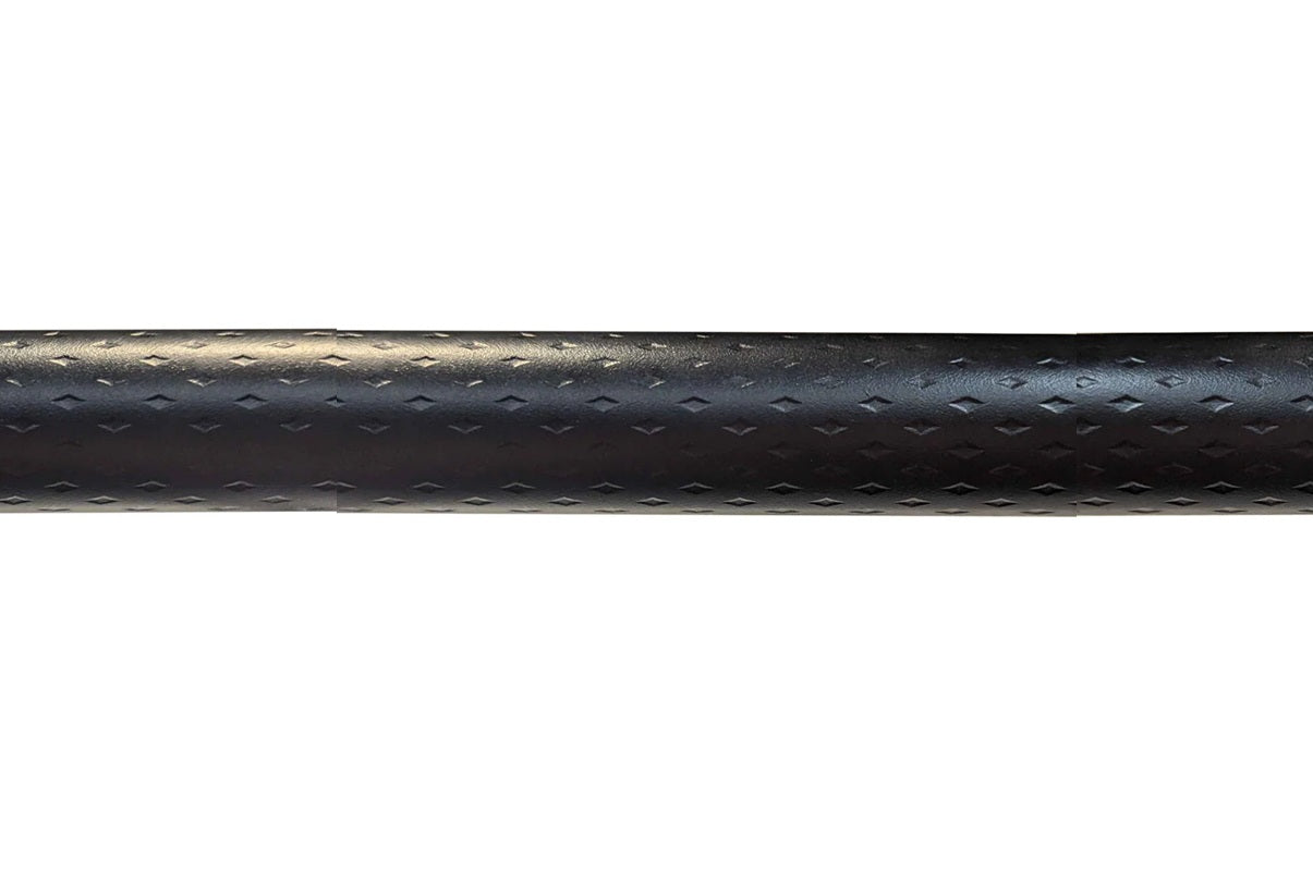 Black textured power rack bar with diamond pattern grip and metal finish, flat lay on white background