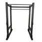 Black steel power rack with adjustable holes and pull-up bar on white background