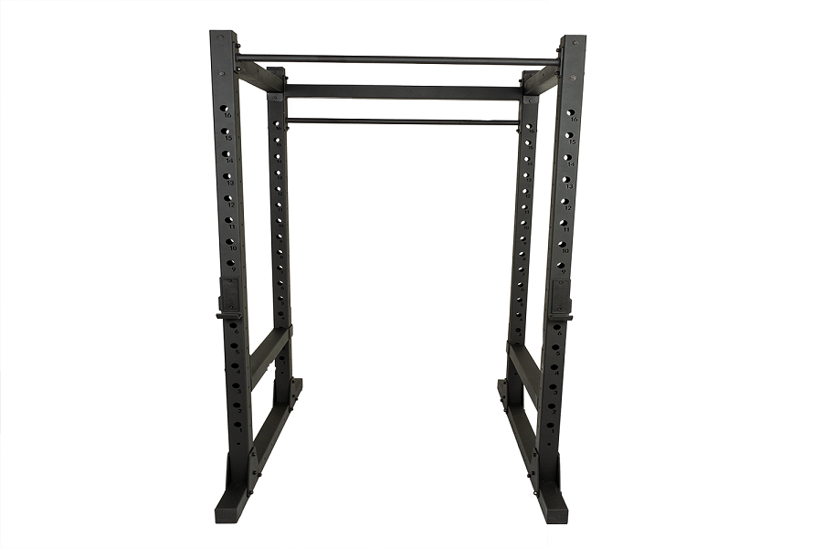 Black steel power rack with adjustable holes and pull-up bar on white background