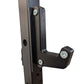 Black steel power rack corner bracket with chrome bolts, mounted on vertical post