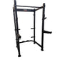 Black power rack with adjustable weight bar holders, safety spotter arms, and J-hooks mounted on white background