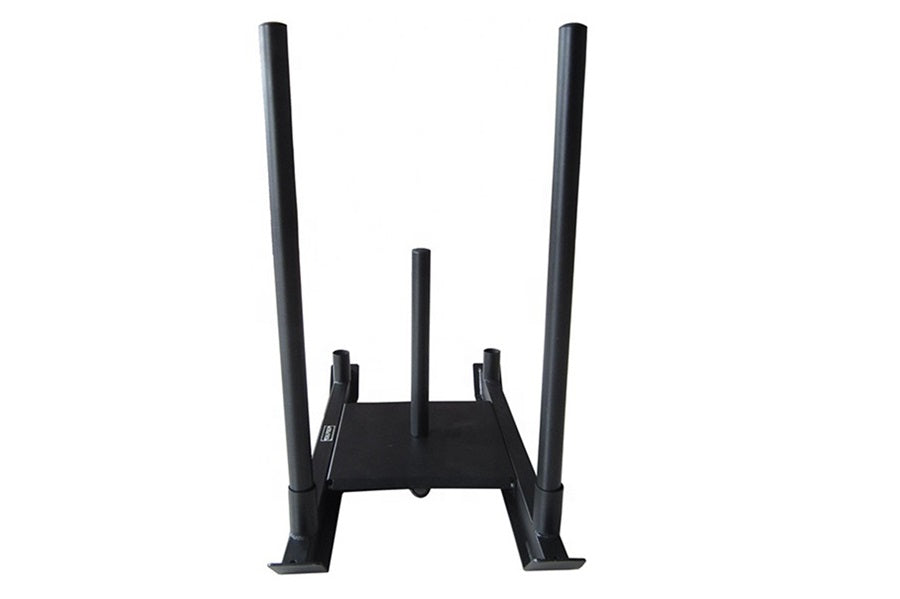 Black metal weight sled with four tall antenna-style posts and horizontal base, shown on white background