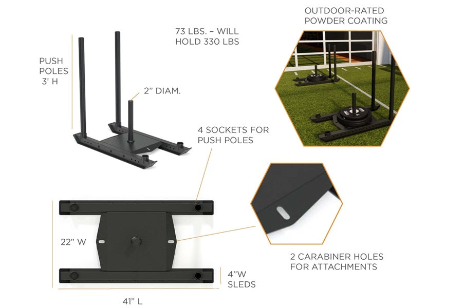 Black powder-coated steel push/pull weight sled with 41-inch length, 22-inch width, 4-inch sleds, two 3-foot push poles, and 